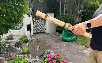 A notch cut in the end of the branch enables the wrist roller to double as a weighted lever - another angle to hit the wrists