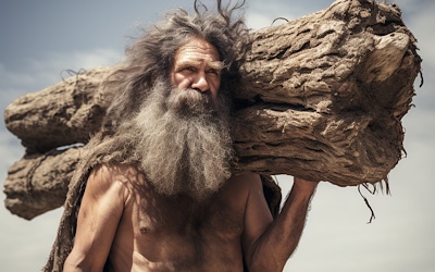 Caveman carrying a log