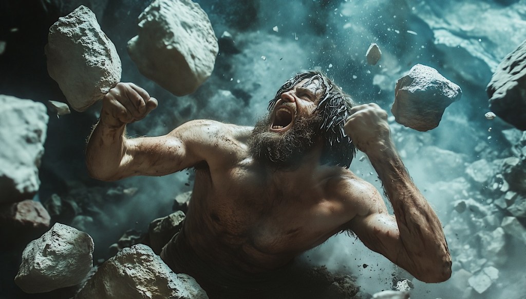 Caveman in a rock slide